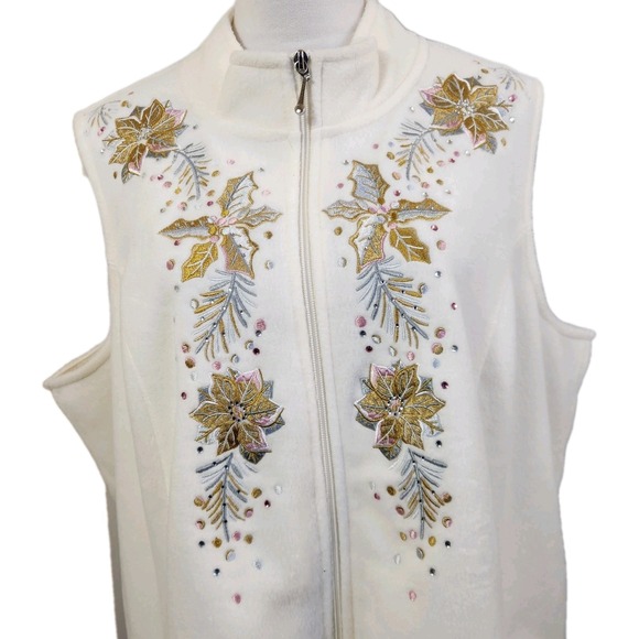 Quacker Factory Full Zip Fleece Vest Sz 2X Beaded Embroidered Winter Holiday Top - Picture 1 of 14